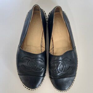 Chanel Black Leather Espadrilles with CC Logo - Size 38